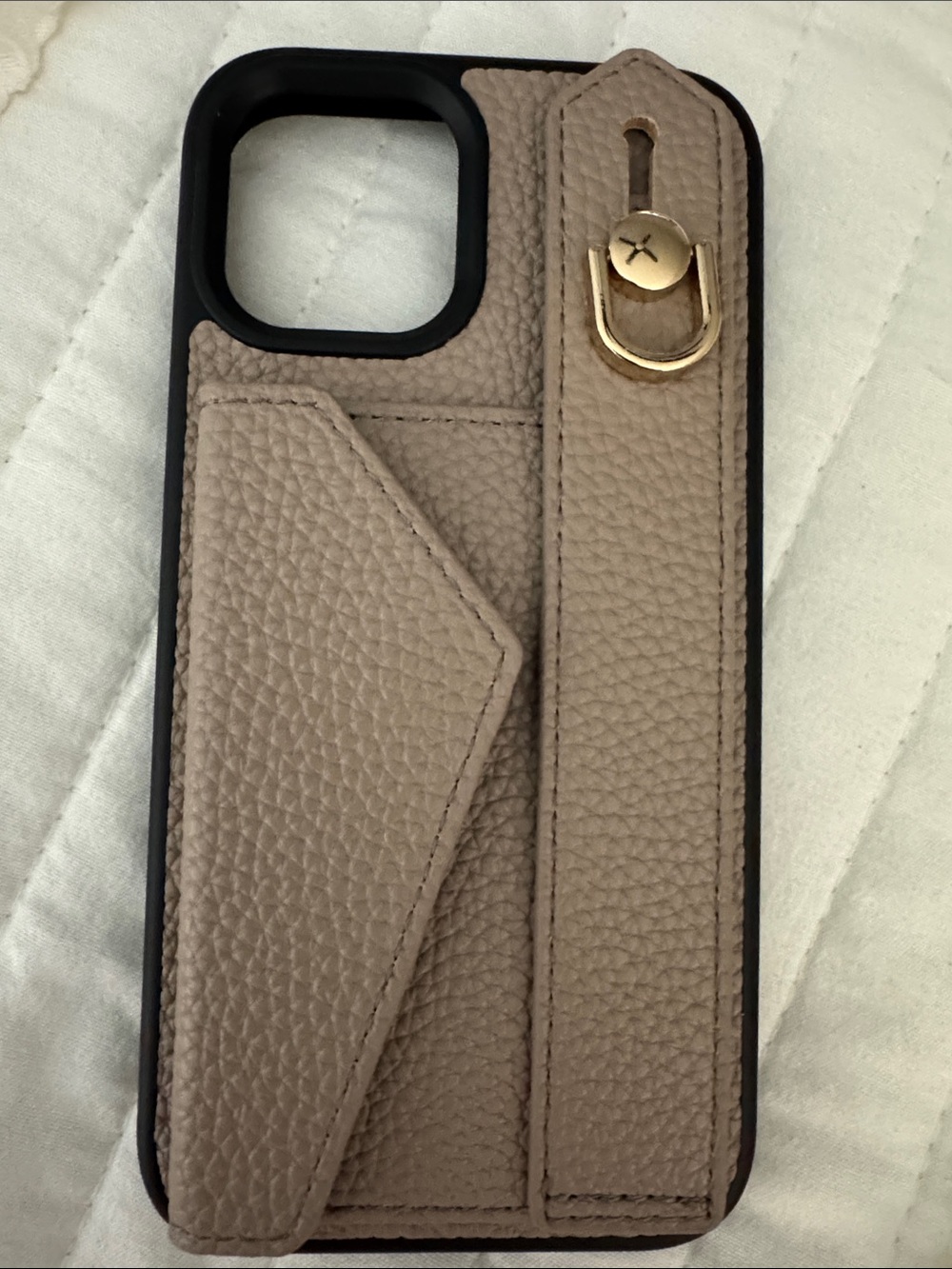 IPhone 12 Leather Textured Card Holder Case w/Hand Strap - Khaki